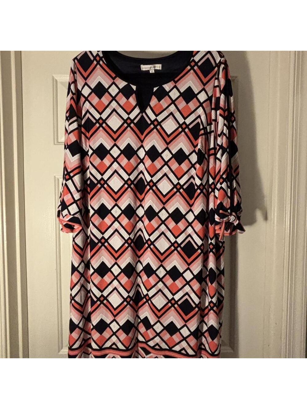 Sandra Darren Women's Multi-Color Geometric Pattern Dress, Size 2X, Blue Accents